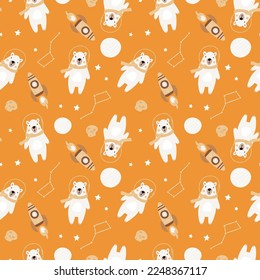 Seamless childish pattern with astronaut polar bears, planet, stars and constellation. Creative scandinavian kids texture for fabric, wrapping, textile, wallpaper, apparel.