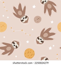 Seamless childish pattern with astronaut sloth, planet, stars and constellation. Creative scandinavian kids texture for fabric, wrapping, textile, wallpaper, apparel.