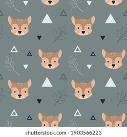 Seamless childish pattern with baby deer, leaves and triangles. Baby textures for fabrics, packaging, textiles, wallpaper, clothing, decoration. Vector illustration.