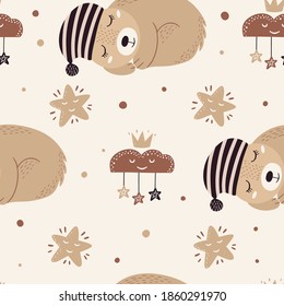 Seamless childish pattern with bear in pastel colors. baby texture for fabric, packaging, textile, wallpaper, clothing. Vector cartoon illustration.