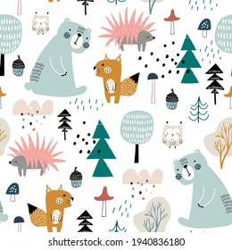 Seamless childish pattern with bear, squirrel, hedgehog, squirrel in the forest. Creative kids woodland for fabric, wrapping, textile, wallpaper, apparel. Vector illustration