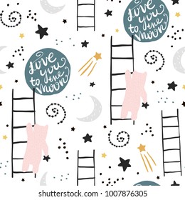 Patrón infantil sin foco con osos, estrellas y luna. Textura infantil creativa para tela, envoltura, textil, papel pintado, vestimenta. Ilustración del vector