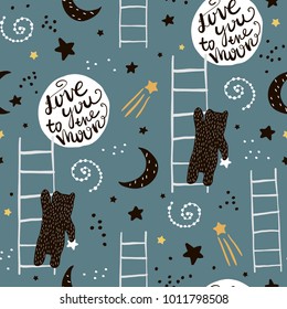 Seamless childish pattern with bears, stars and moon. Creative kids texture for fabric, wrapping, textile, wallpaper, apparel. Vector illustration