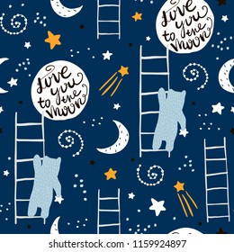 Seamless childish pattern with bears, stars and moon. Creative kids texture for fabric, wrapping, textile, wallpaper, apparel. Vector illustration