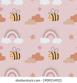 Seamless childish pattern with bee, stars, rainbows. Baby texture for fabric, wrapping, textile, wallpaper, clothing. Vector illustration