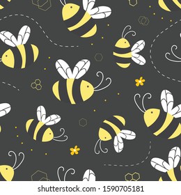 Seamless Childish pattern the bees in the black backdrop