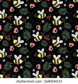 Seamless Childish pattern the bees in the black backdrop. Creative pattern with bees in the garden