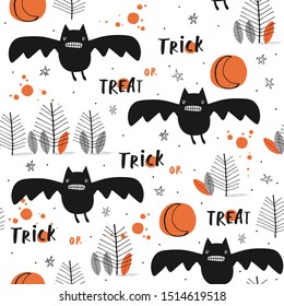 Seamless childish pattern with black bats: Happy Halloween. Creative scandinavian kids texture for fabric, wrapping, textile, wallpaper, apparel. Vector illustration in orange and grey.