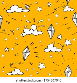 Seamless childish pattern. Black and white summer vector illustration. Yellow background. Hand-drawn kite, sky, sun, clouds, bird, stars.