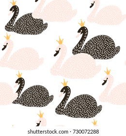 Seamless childish pattern with black and white swan princess. Creative nursery background. Perfect for kids design, fabric, wrapping, wallpaper, textile, apparel