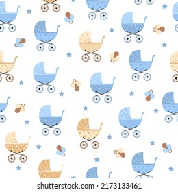 Seamless childish pattern with blue and beige baby carriages.  Baby boy nursery background. Trendy texture for fabric textile wallpaper apparel wrapping in vector.