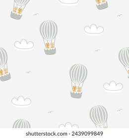 Seamless Childish Pattern in boho Style, nursery pattern with cute little rabbits riding hot air balloon, cloud illustration suitable for children product design 