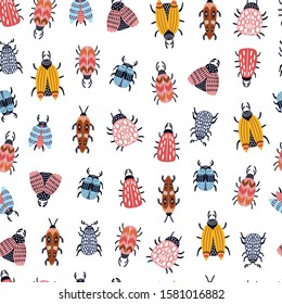 Seamless childish pattern with bugs and beetles in Scandinavian style. Perfect for wallpaper, fabric texture, wrapping paper