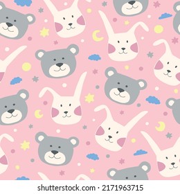 Seamless childish pattern with bunny and bear, clouds, moon and stars. Cute hand drawn animal faces on a pink background. Vector cartoon illustration in pastel colors.