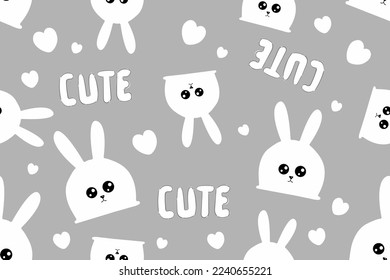 Seamless childish pattern with bunny, inscription Cute and hearts. Creative kids texture for fabric, wrapping, textile, wallpaper, apparel. Vector illustration