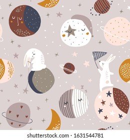 Seamless childish pattern with bunny  on moon. Creative kids texture for fabric, wrapping, textile, wallpaper, apparel. Vector illustration