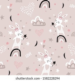 Motif harmonieux d'enfant avec princesse lapin sur arc-en-ciel. Texture créative pour enfants pour tissu, emballage, textile, fond d'écran, vêtements. Illustration vectorielle