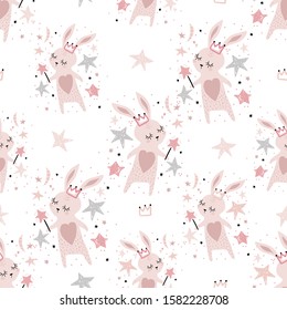 Seamless childish pattern with bunny princess. Creative kids texture for fabric, wrapping, textile, wallpaper, apparel. Vector illustration