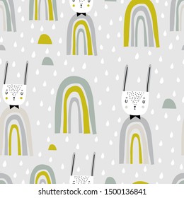 Padrão infantil perfeito com coelho, chuva e arco-íris. Coelho e arco-íris rabiscar fundo padrão sem costura. Design para tecido.