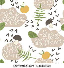 Seamless childish pattern with bushes, apples, mushrooms. Forest print for design of baby products. Vector illustration