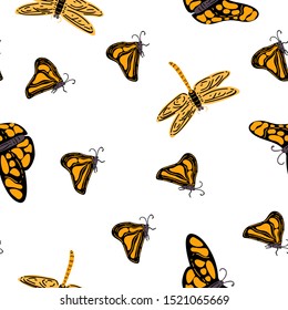 Seamless childish pattern with butterfly and dragonfly. Creative garden texture for fabric, wrapping, textile, wallpaper, apparel. Vector illustration