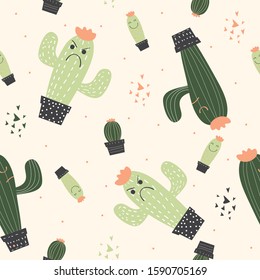 Seamless childish pattern the cactus in the white backdrop. Creative kids texture for fabric, wrapping, textile, wallpaper, apparel. Vector illustration