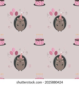 Seamless childish pattern with cake and cute cartoon hedgehog in birthday cap with balloons in hands. Pastel color pattern for wrapping paper, baby wear, textile, wallpaper, fabric, etc. Eps 10.