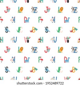 Patrón infantil impecable con letras mayúsculas del alfabeto inglés sobre fondo blanco. Textura repetible infinita de ABC con animales lindos. Ilustración vectorial plana coloreada con fuente para imprimir