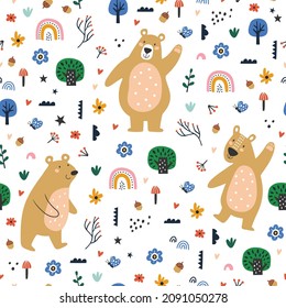 Seamless childish pattern with cartoon bear and forest elements. Creative kids texture for fabric, wrapping, textile, wallpaper, apparel. Vector illustration