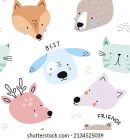Dibujo infantil sin foco con oso, ciervo, perro, lobo. Perfecto para tela, textil. Fondo del vector creativo