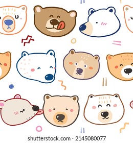 Seamless Childish Pattern with Cartoon Bear Face Design on White Background