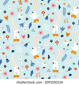 Seamless childish pattern with cartoon bunny and forest elements. Creative kids texture for fabric, wrapping, textile, wallpaper, apparel. Vector illustration