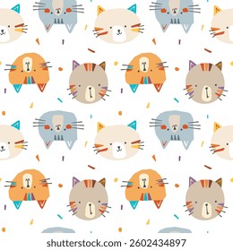 Seamless Childish Pattern with Cartoon Cat Face Design on White Background. Hand Drawn Vector Illustration. Not AI Generated.