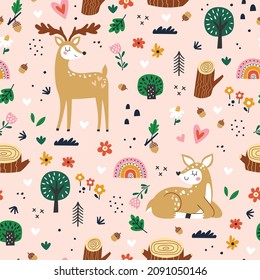 Seamless childish pattern with cartoon deer and forest elements. Creative kids texture for fabric, wrapping, textile, wallpaper, apparel. Vector illustration