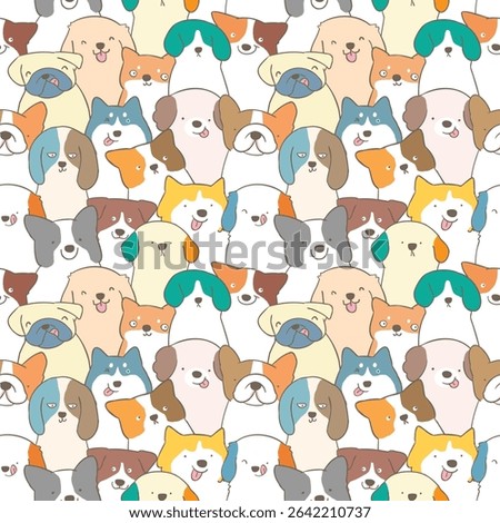 Seamless Childish Pattern of Cartoon Dog Deisgn. Hand Drawn Vector Illustration. Not AI Generated.