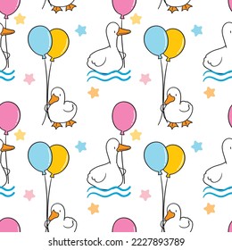 Seamless Childish Pattern with Cartoon Duck and Balloon Design on White Background