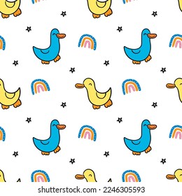 Seamless Childish Pattern with Cartoon Duck Design on White Background