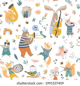 Seamless childish pattern with cartoon fox, bear, raccoon, deer, bunny, squirrel, mouse playing on different instruments. Creative kids texture for fabric, wrapping, textile, wallpaper, apparel.