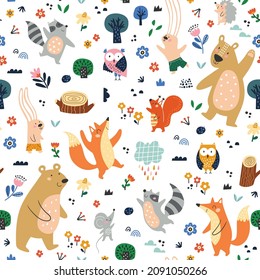 Seamless childish pattern with cartoon fox, bear, racoon, owl, bunny, mouse and other forest elements. Creative kids texture for fabric, wrapping, textile, wallpaper, apparel. Vector illustration