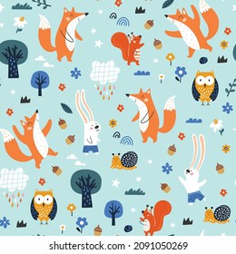 Seamless childish pattern with cartoon fox, owl, bunny and other forest elements. Creative kids texture for fabric, wrapping, textile, wallpaper, apparel. Vector illustration