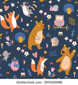 Seamless childish pattern with cartoon fox, bear, racoon, owl, bunny, mouse and forest elements. Creative kids texture for fabric, wrapping, textile, wallpaper, apparel. Vector illustration