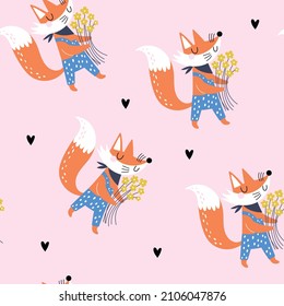 Seamless childish pattern with cartoon fox with flowers. Creative kids texture for fabric, wrapping, textile, wallpaper, apparel. Vector illustration