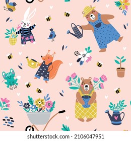 Seamless childish pattern with cartoon fox, bear, racoon, bunny, squirrel and garden elements. Creative kids texture for fabric, wrapping, textile, wallpaper, apparel. Vector illustration