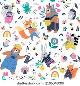 Seamless childish pattern with cartoon fox, bear, racoon, bunny, squirrel and garden elements. Creative kids texture for fabric, wrapping, textile, wallpaper, apparel. Vector illustration