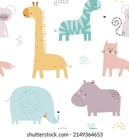 Seamless childish pattern cartoon with giraffe, cat, elephant, zebra, monkey, rhino. Funny zoo texture. Perfect for fabric, textile. Creative Vector background