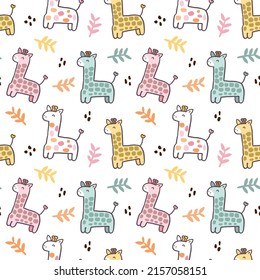 Seamless Childish Pattern with Cartoon Giraffe and Leaf Design on White Background