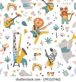 Seamless childish pattern with cartoon jungle animals playing on different instruments. Creative kids texture for fabric, wrapping, textile, wallpaper, apparel.