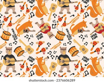Patrón infantil sin foco con animales de la jungla de dibujos animados tocando en diferentes instrumentos. Textura infantil creativa para tela, textil, papel pintado, vestimenta.

