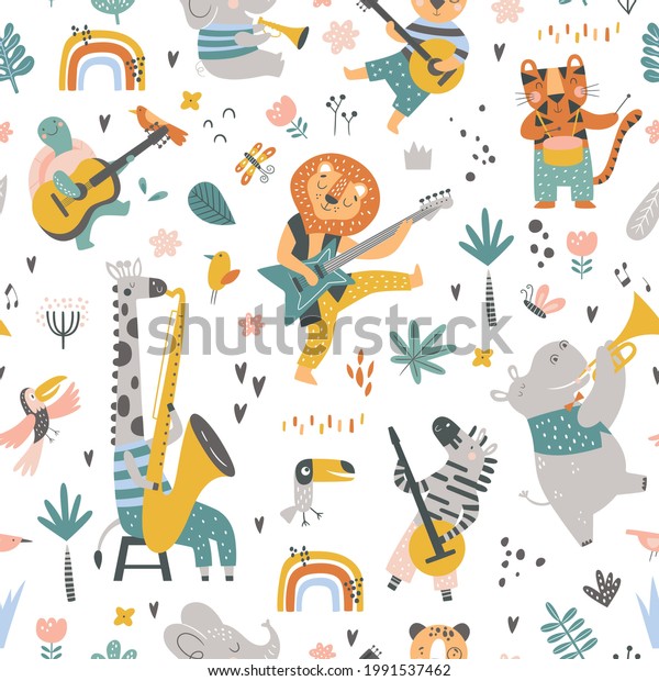 Seamless childish pattern with\
cartoon jungle animals playing on different instruments. Creative\
kids texture for fabric, wrapping, textile, wallpaper,\
apparel.