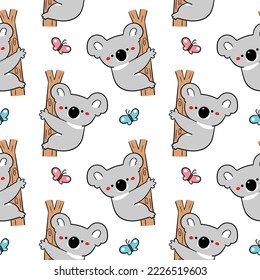 Seamless Childish Pattern with Cartoon Koala and Butterfly Design on White Background